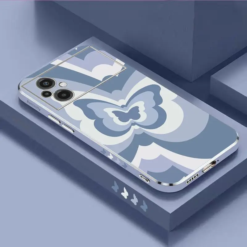 Blue Gradient Butterfly Luxury Plating Phone Case For Xiaomi Poco M5 F4 F4 GT X4 X4 GT M4 Pro F3 X3 M3 X3 NFC X3 Pro C40 Cover