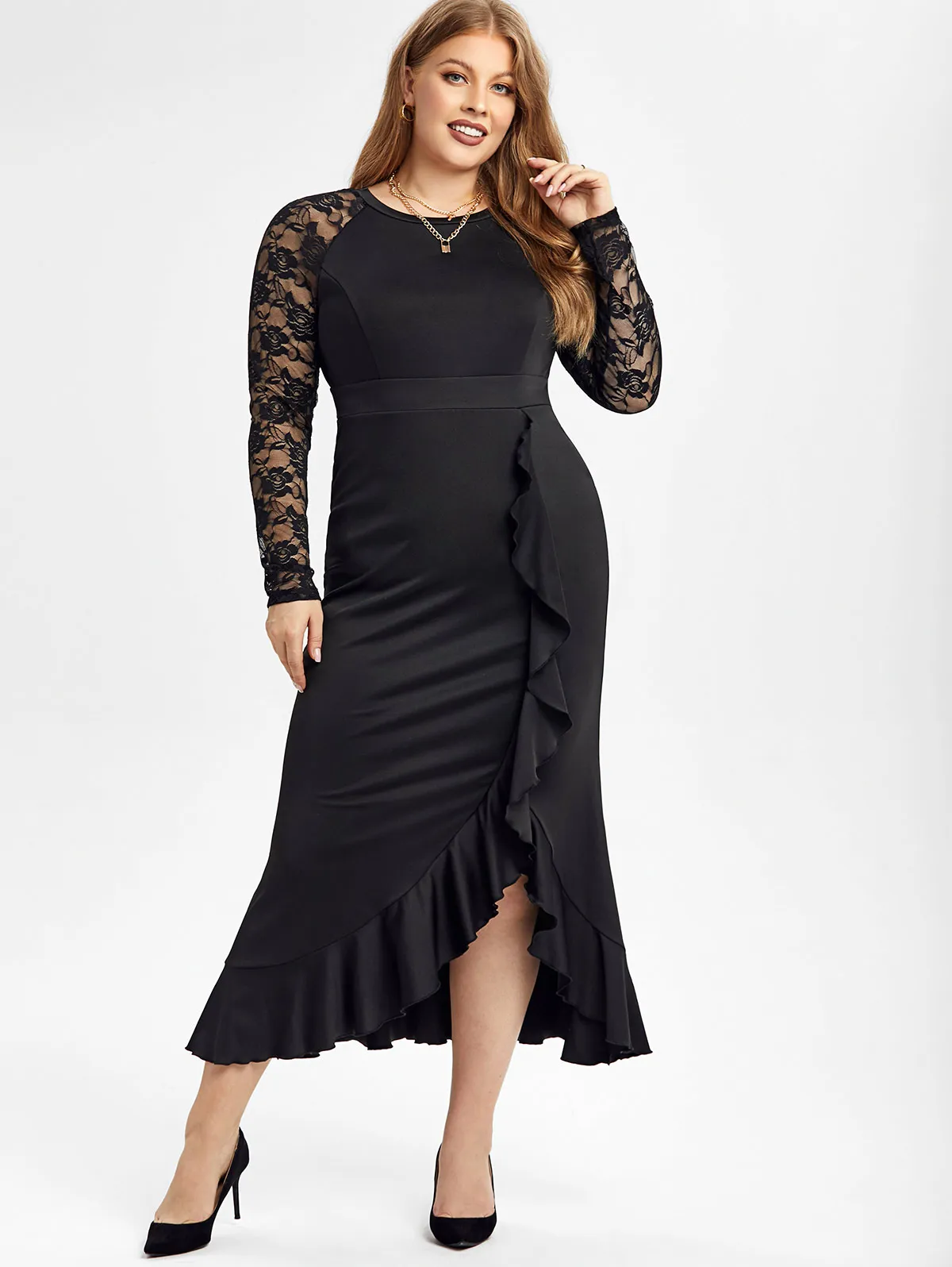 

ROSEGAL Elegant Ankle-Length Dresses Plus Size Lace Raglan Sleeves Slit Party Dress With Flounce Women High Waist Robe Vestidos