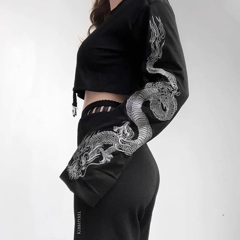 Dragon Print Hoodies Short Women Dark Gothic Round Neck Long Sleeve Navel Exposure Sexy Metal Pendant Female Casual Tops Hoodie