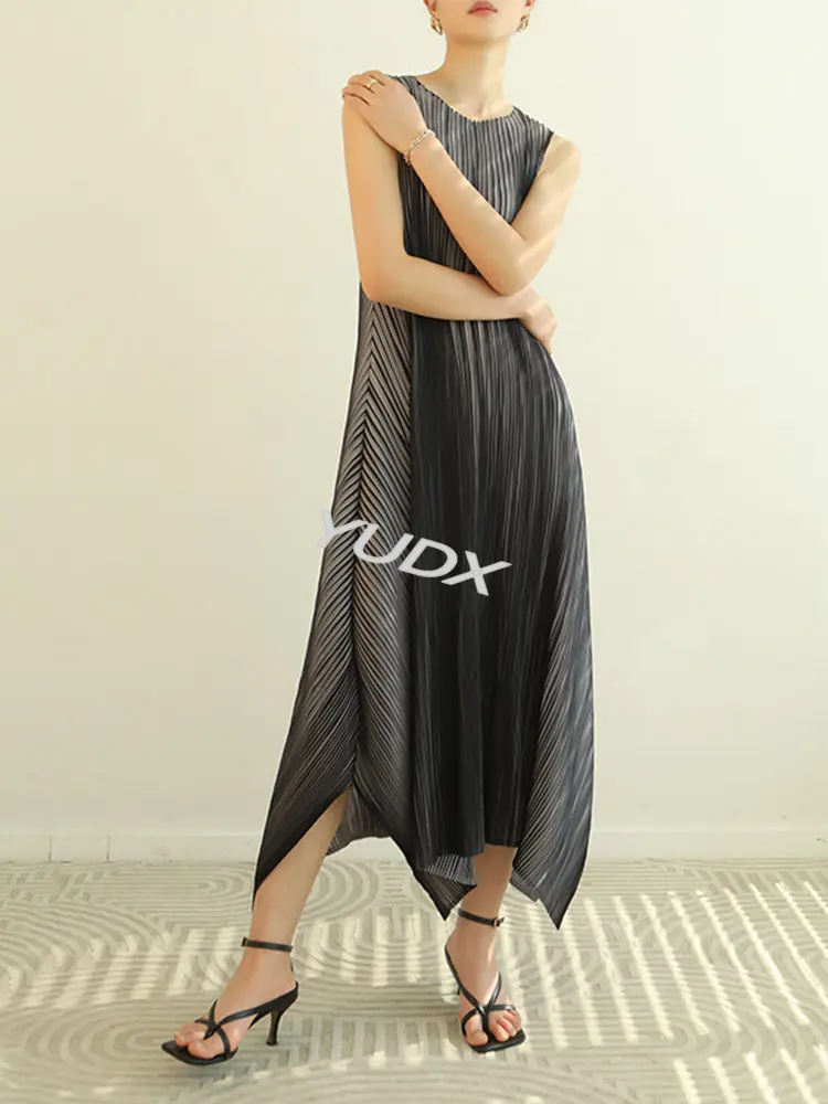 YUDX Miyake Pleated Dress 2023 Summer New Sleeveless Round Neck Long Sexy Women Irregular Split Side Dresses Female Clothing