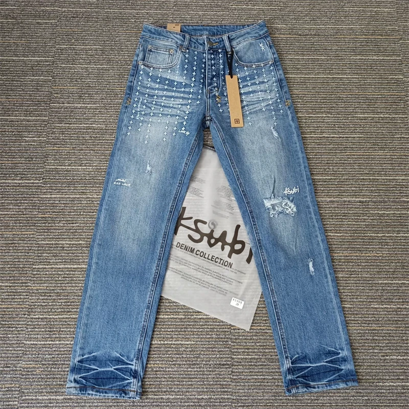 Американские джинсы High Street KSUBI Cross Jeans Мужская модная марка Ретро стирка синий с