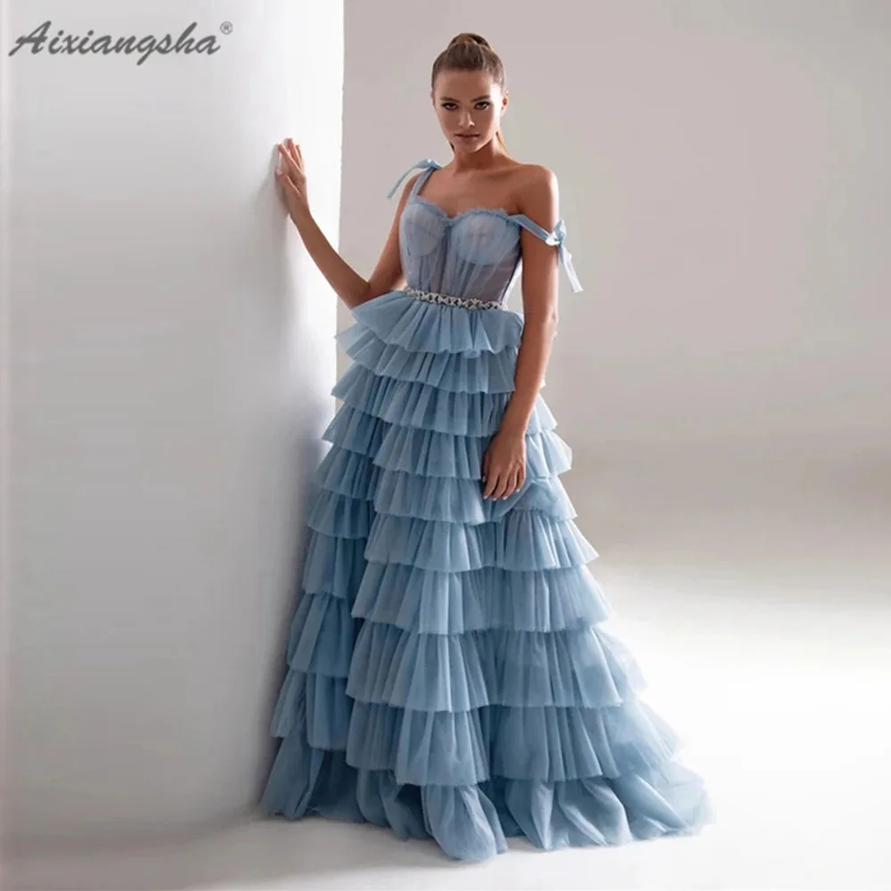 

Aixiangsha Elegant Prom Dress Ruffed Off the Shoulder A-Line Tulle Long Blue Evening Gown Corset Celebrity Wedding Party Dress