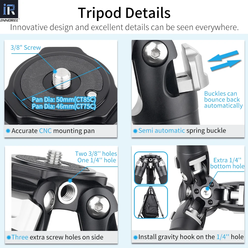 Фото Профессиональный штатив INNOREL CT85C из углеродного волокна для DSLR-камер, сверхпрочная стойка с низким центром тяжести, шаровая головка, с короткой центральной колонкой №4