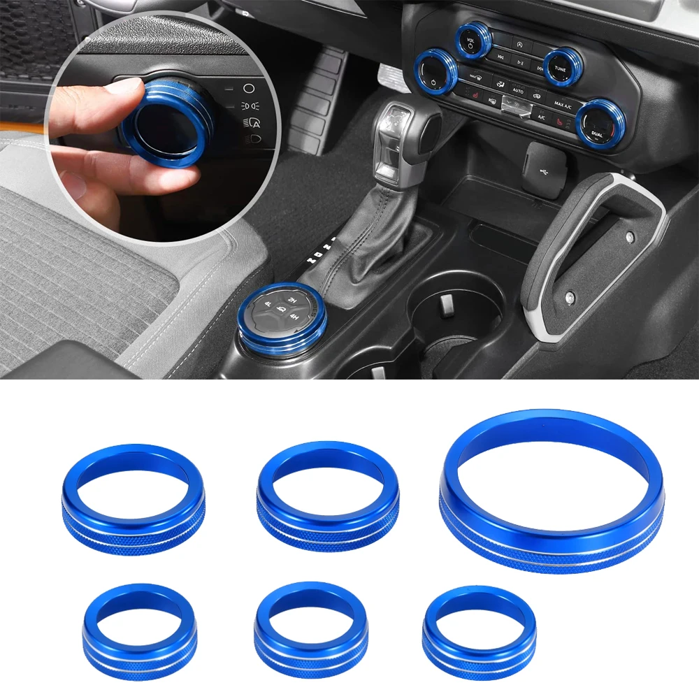 

6 шт., радиоприемник с кондиционером, 4WD, ручка фар, кольцо управления, декоративное кольцо, накладка для Ford Bronco 2021+, синий, красный, черный