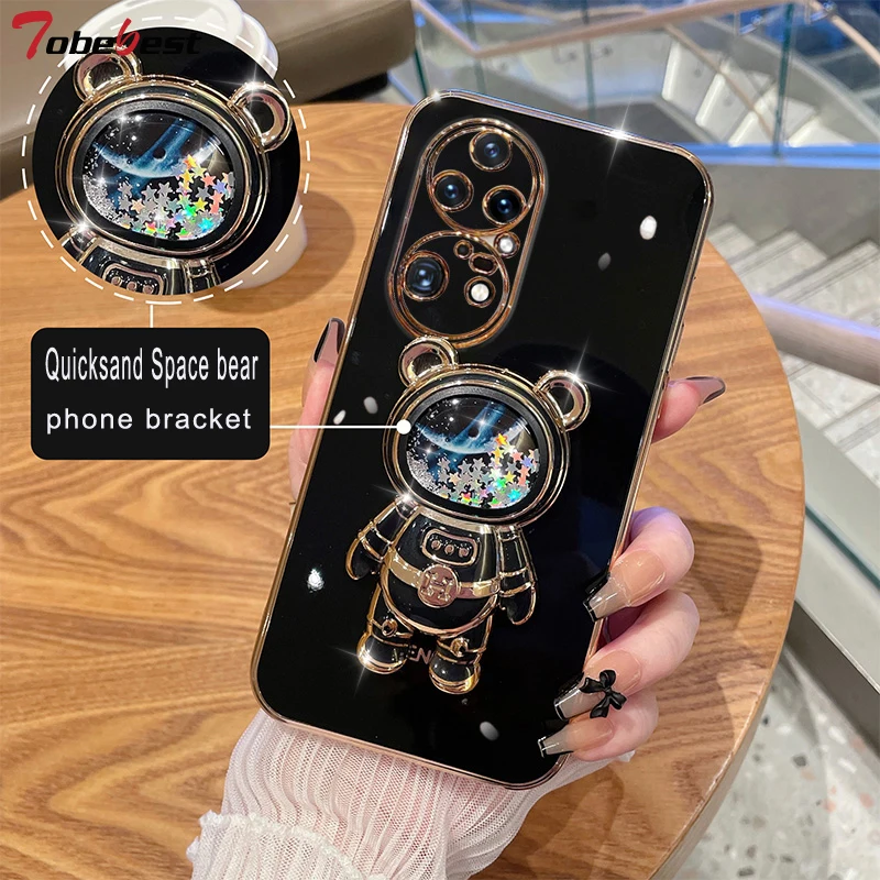 

Quicksand Space bear Plating phone bracket Case for Huawei P50 P40 P30 P20 Lite Pro Stand Silicone Soft Back Cover
