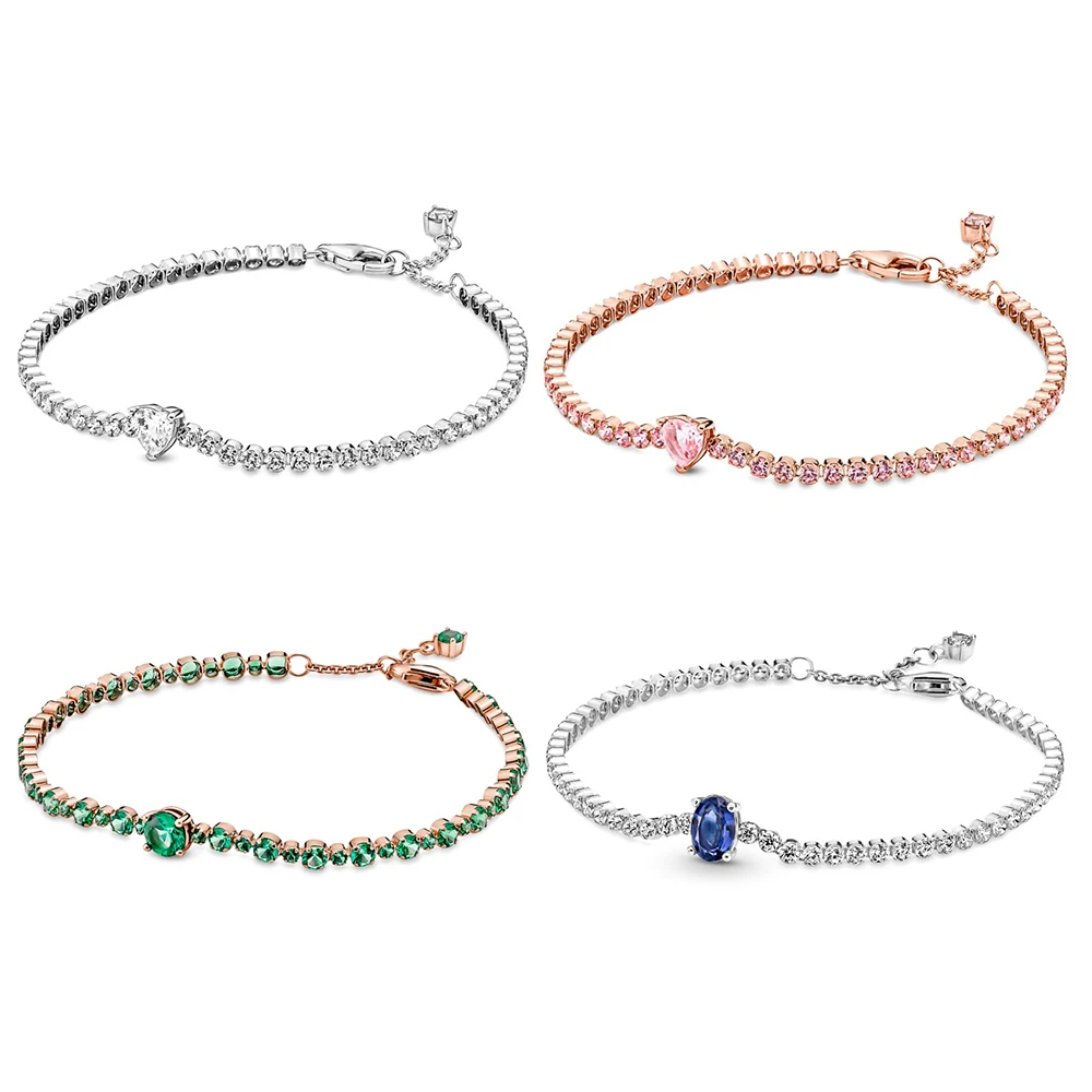 

New 925 Sterling Silver Sparkling Heart Tennis Bracelet For Women Fashion DIY Gift Jewelry