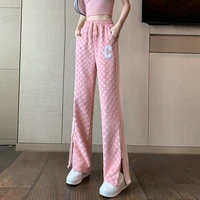 pink checkerboard wide leg pants plaid pants straight high waist women spring autumn thickened loose korea fashion sweet pants