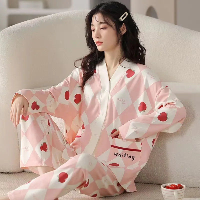 

Ladies New Pajamas Set 100% Gauze Cotton Pyjamas Women 2Pcs V-Neck Spring Loungewear Fashion Home Clothing Homewear