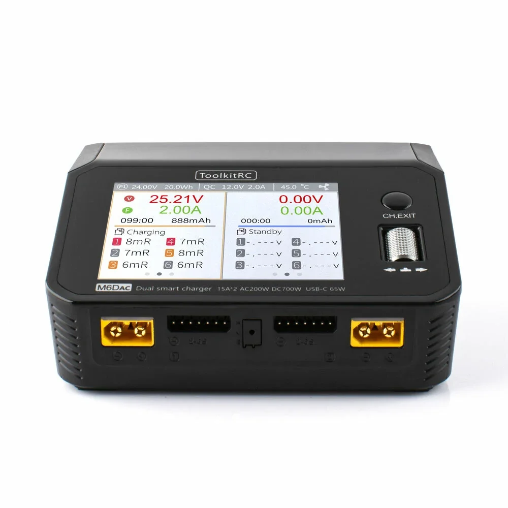 

ToolkitRC M6DAC AC 200W DC 700W 15A * 2 USB-C 65W QC3.0 Двухканальное умное зарядное устройство для литий-полимерных аккумуляторов 1-6S