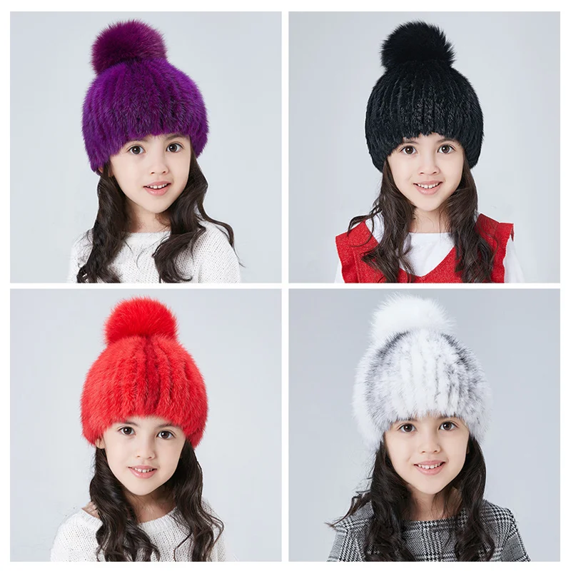 

2022 Real Mink Fur Hat Knitted Hat Children's Fur Hat Russian Winter Warm Hats Fashion Fur Cap