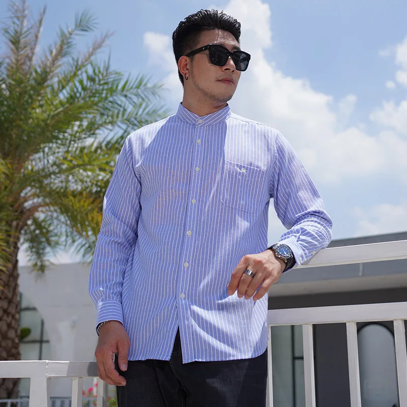 Mattswag Mens Blue White Stripe Couple Shirts High Quality Stand Collar Long Sleeve Shirts Casual Loose Business Camisas Hombre