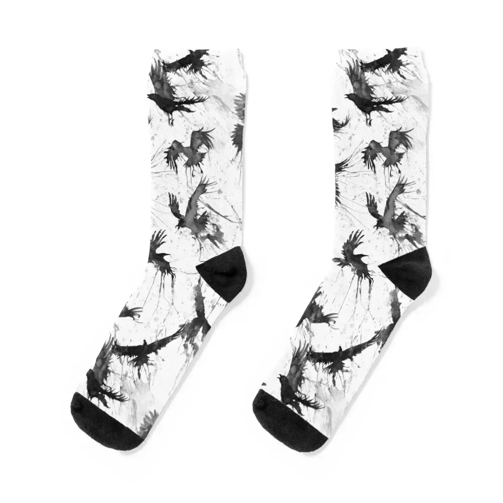 Crows in watercolor on white sky ravens Socks winter sports and leisure hip hop loose Woman Men's