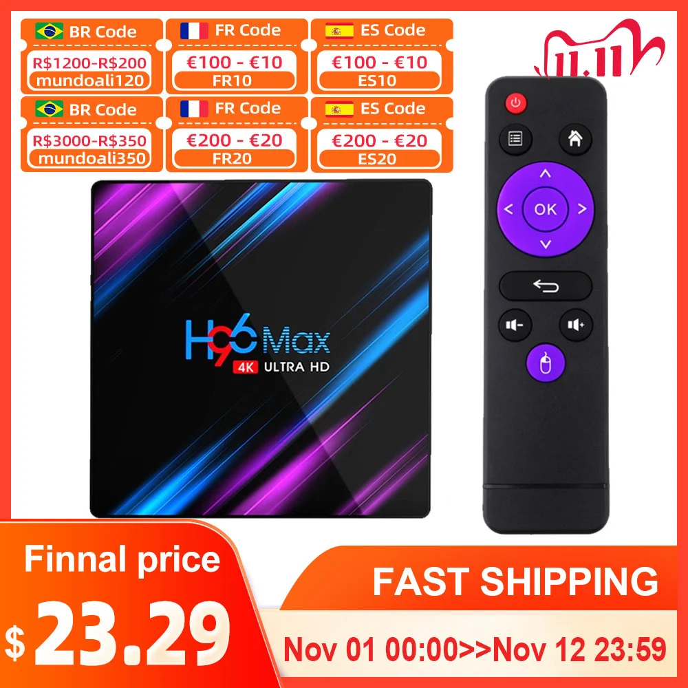  Приставка Смарт-ТВ H96 MAX RK3318, Android 11, 4 + 64/32/4K, 2 + 16 Гб Media player H96MAX TVBOX Android10 Set top box
