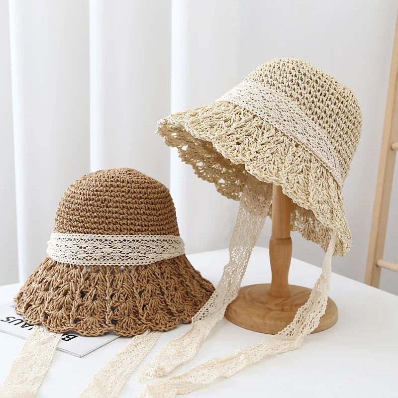 

2023 New Small Fresh Big brim Women's Beach Hollow Grass Hat Women's Ruffled Edge Sunshade Hat Foldable Fisherman Hat