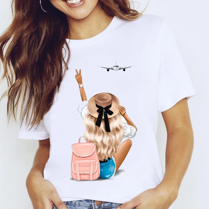 

Women Graphic Travel Vacation Sweet Fashion Trend Cute Printing Cartoon Lady Clothes Tops Tees Print Female Tshirt T-Shirt