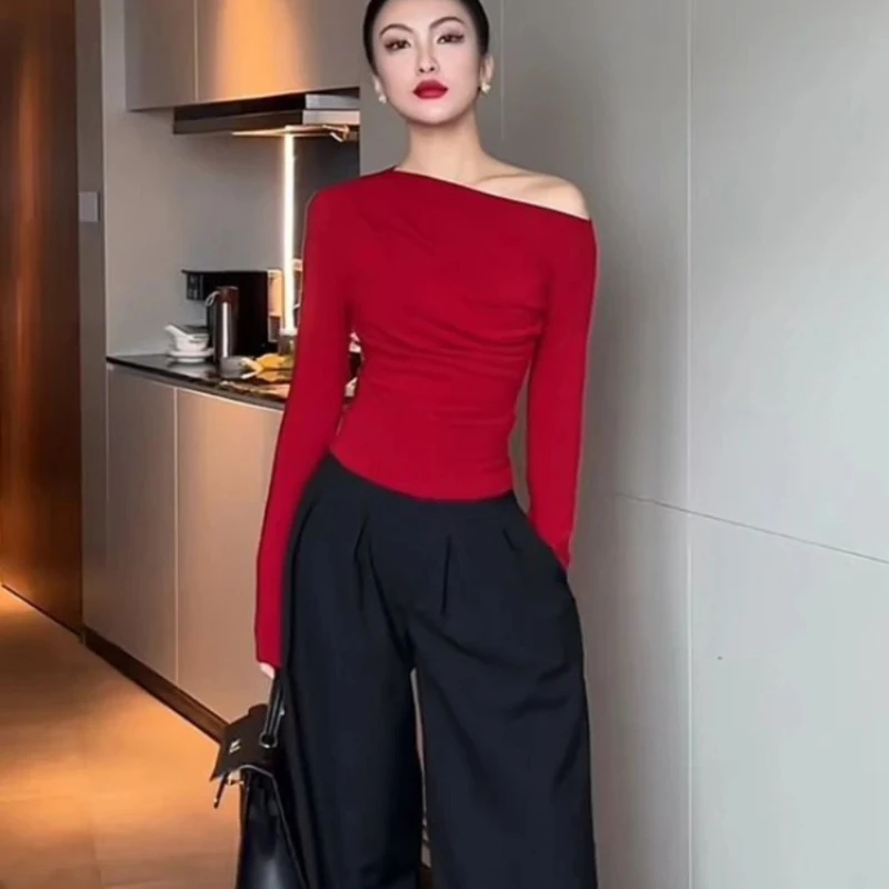 Тонкая простая одежда 2024 с открытыми плечами Хлопковая женская футболка Топ для