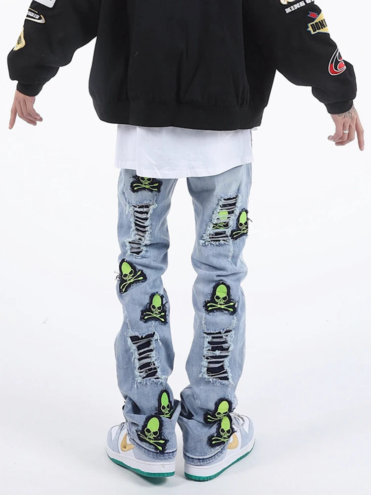 Four Seasons Men's Retro High Street Trend Embroidered Men Blue Jeans Straight Slim Fit Unisex Trousers Streetwear Ins Hot Sale