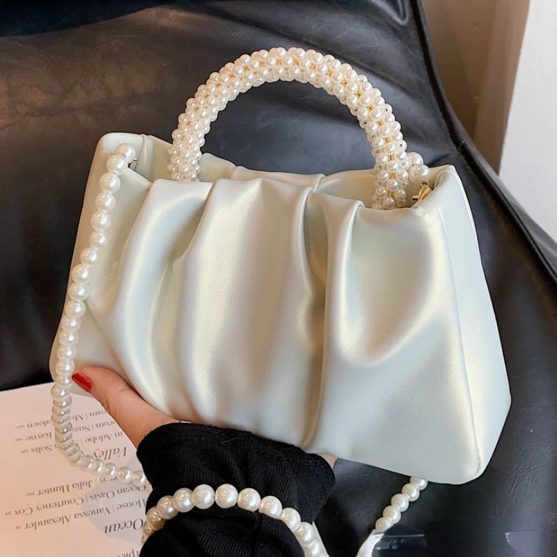 

Pleated PU Leather Women's Crossbody Bag Top Handle Female Underarm Bags Dinner Handbag Fashion Pearl Chain Ladies Shoulder Bags