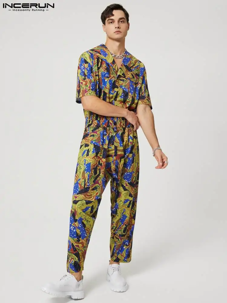

INCERUN 2022 Men Jumpsuits Printing Lapel Short Sleeve Loose Elastic Waist Overalls Men Streetwear Joggers Casual Romper S-5XL 7