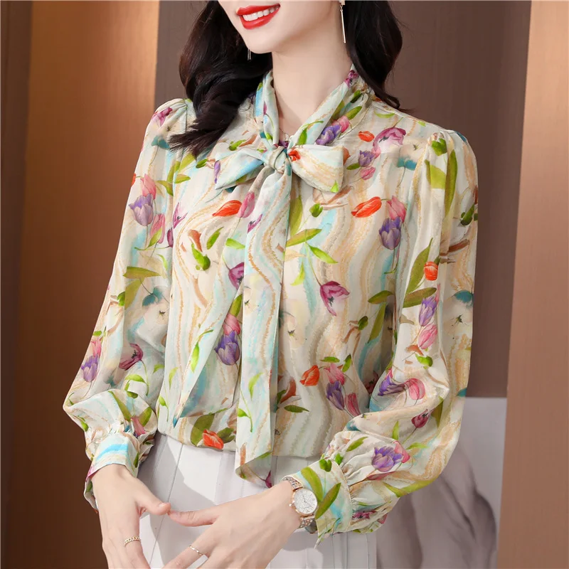 TingYiLi Spring Summer Bow Tie-Neck Printed Blouse Korean Elegant Women Long Sleeve Boho Floral Top Beige Silk Shirts |