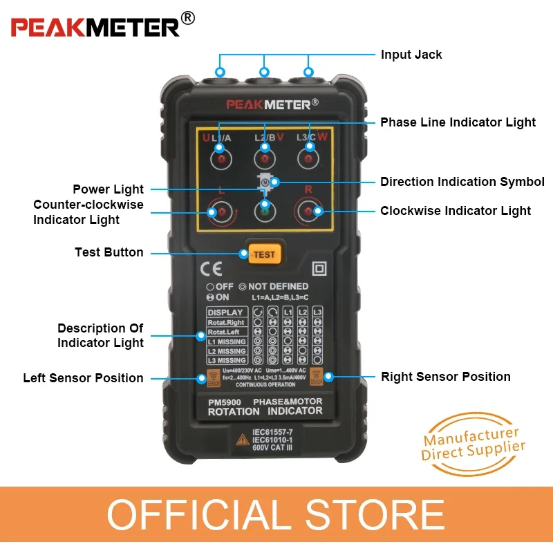 PEAKMETER PM5900 Трехфазный переменный ток Фазовый секвенсор Индикатор вращения