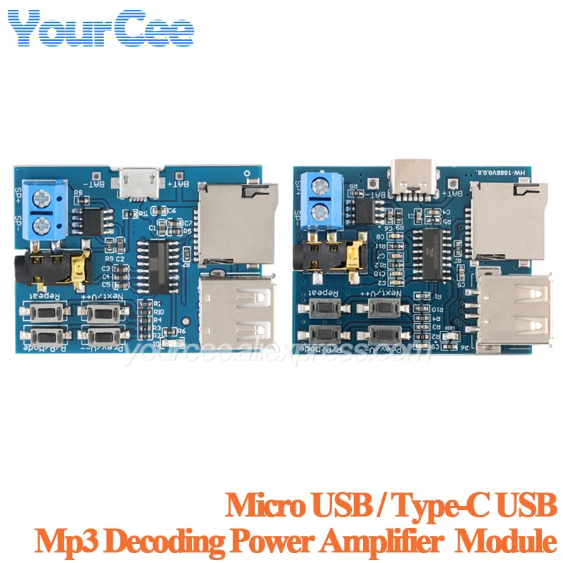 Фото 2 шт./1 шт. USB-модуль для воспроизведения MP3, декодер без потерь, плата декодирования, аудиоусилитель, интерфейс Type-C, DC 3.7-5.5В, 2Вт №4