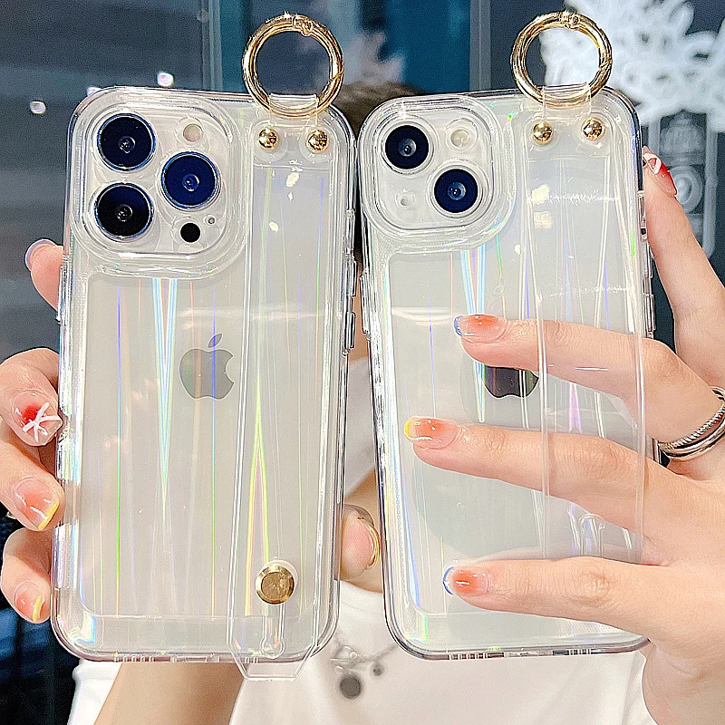 

Transparent wristband bracket laser silicone case For iphone 13 Pro Max 11 12 11Pro X Xs max XR 7 8 Plus phone holder cover