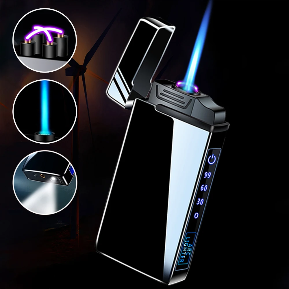 

3 in 1 Jet Lighter Metal Windproof Flameless Electric Lighter Power Display USB Charge Plasma Butane Gas Lighter With Flashlight