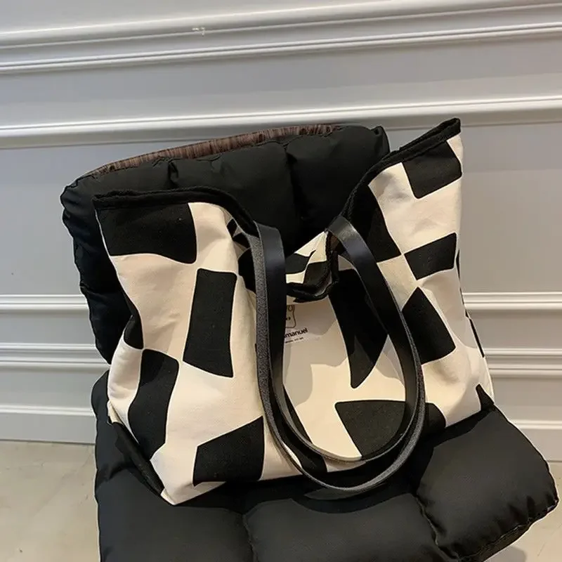 

Women's Checker Large Capacity Bag Canvas Bag Shoulder Bag Tote Bag