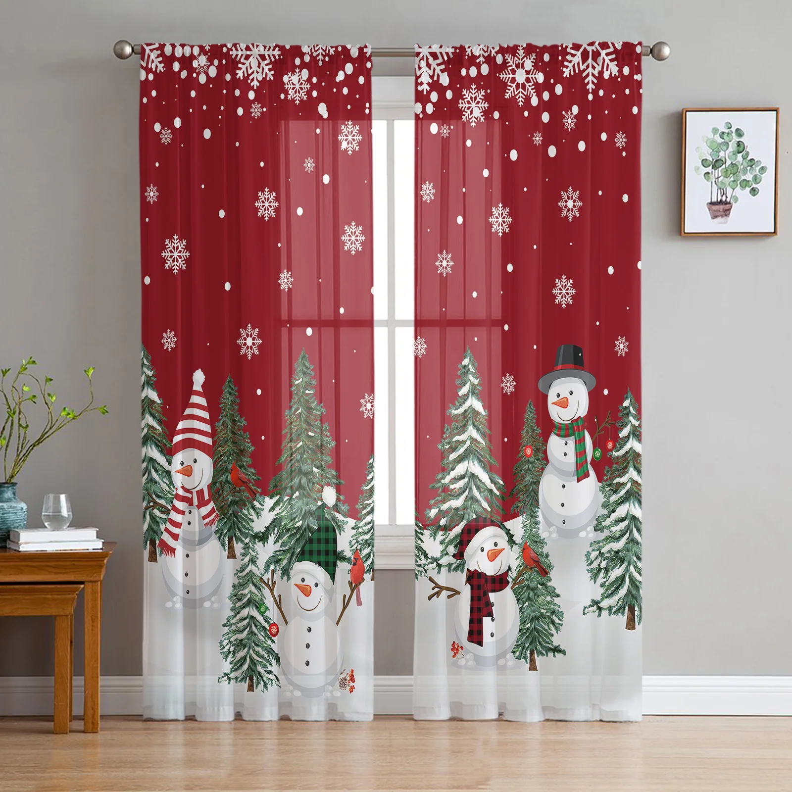 

Christmas Snowman Snowflake Sheer Curtains for Living Room Bedroom Tulle Curtain for Kitchen Home Decor Window Drapes