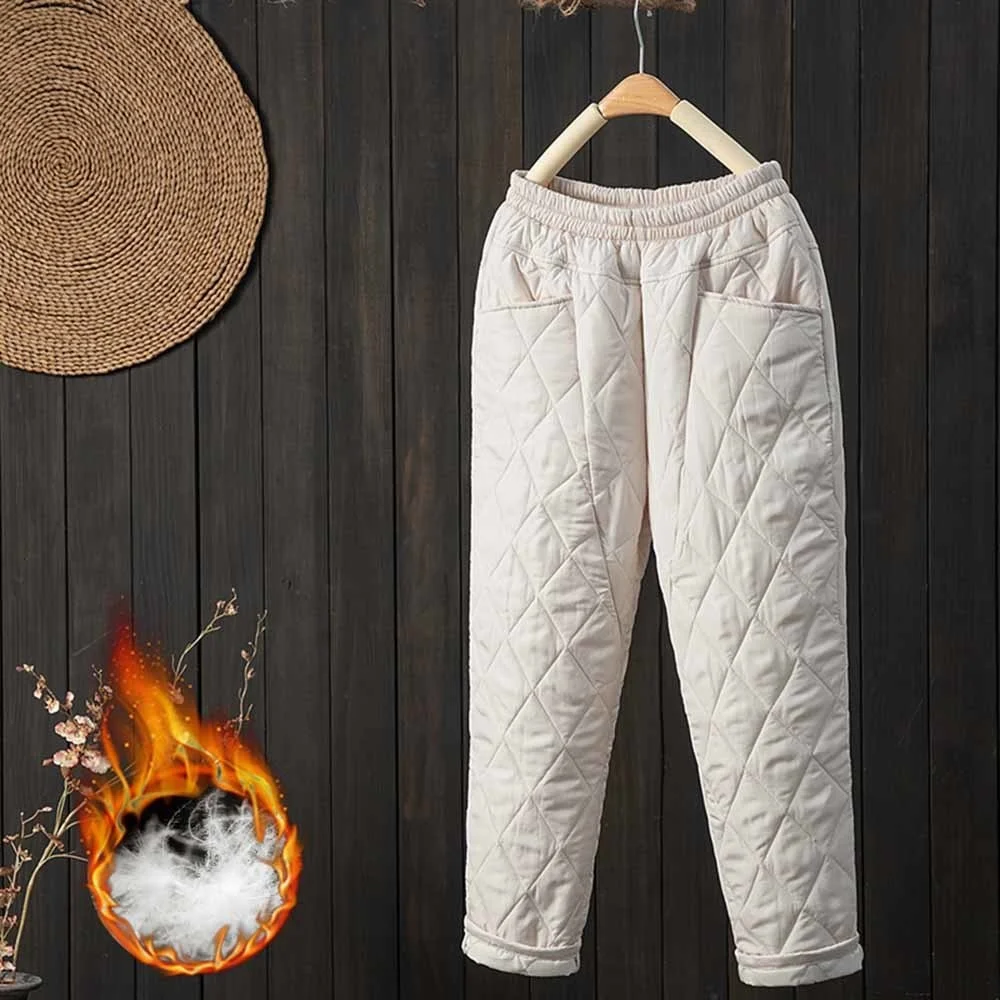 

Женские зимние теплые пуховые хлопковые брюки, Стеганые Брюки с эластичной талией, уличные повседневные спортивные брюки с широкими штанинами