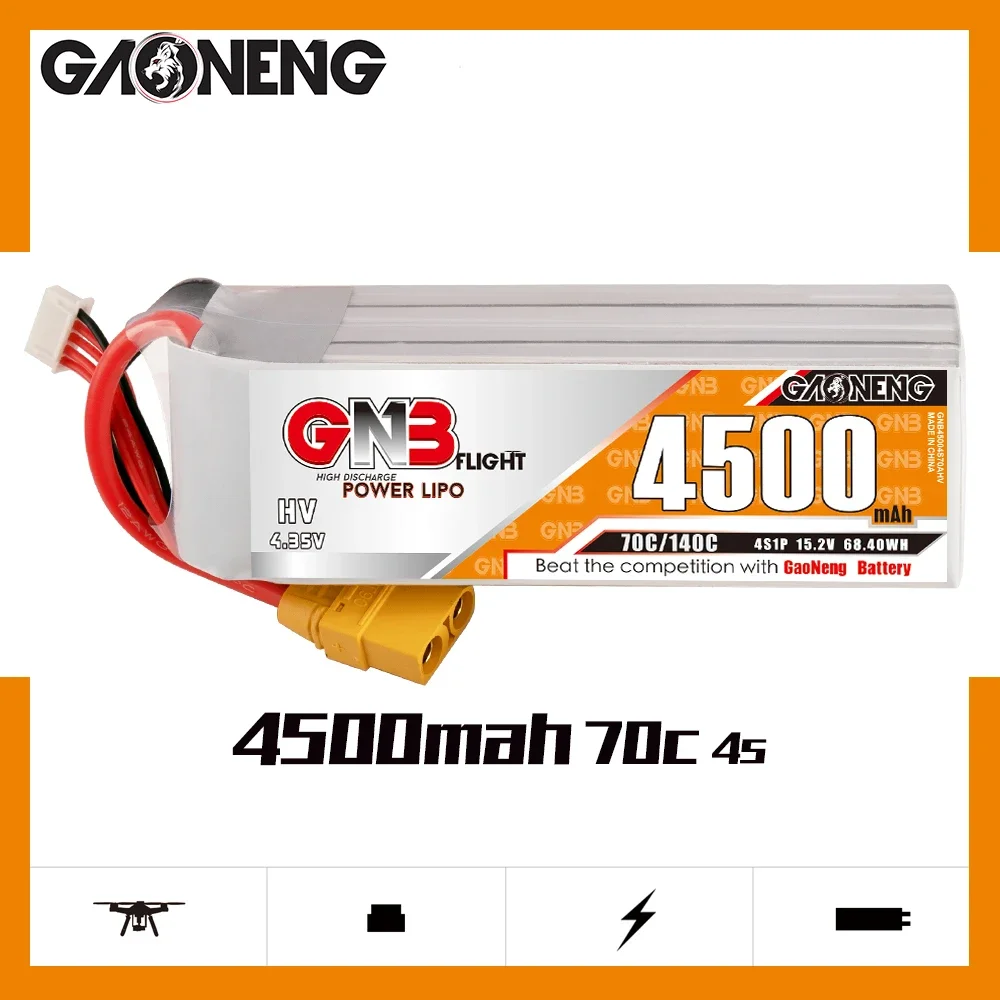 

Gaoneng GNB 4S1P 4500mAh 15.2V 70C/140C Light Weight HV Lipo Battery XT90S Plug For UAV RC Car Boat FPV Drone Helicopter Parts