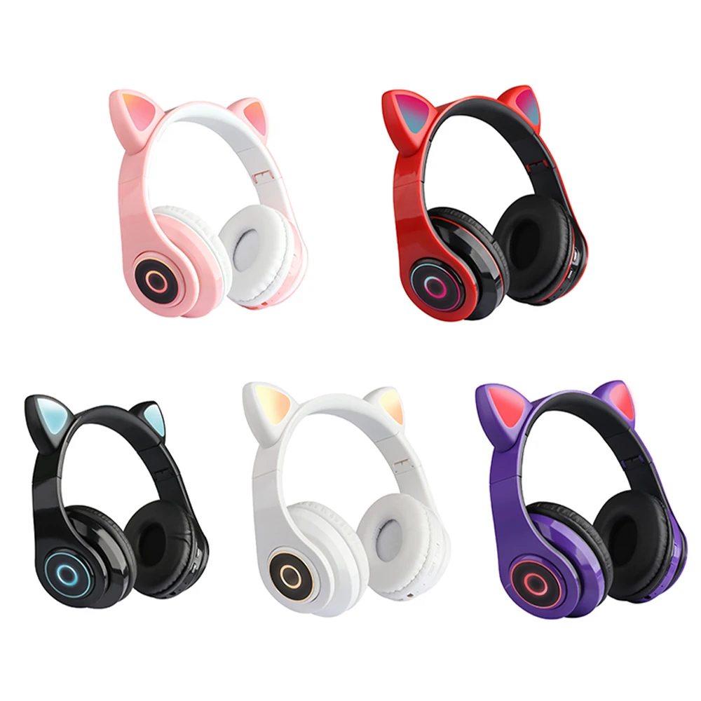 

Cute Headsets Bluetooth 5.0 Wireless Headphone 3.5mm Plug Cable Wired Headset Cat Ear Earphone LED Mic Headphones For Kids Girls