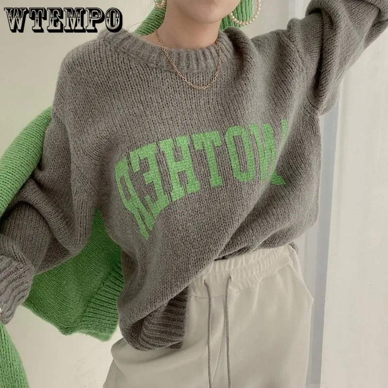 

WTEMPO Korean Letter Women Knitted Sweater Harajuku Sweet Lazy Wind Y2k Pullovers Autumn Winter O-Neck Loose Female Tops