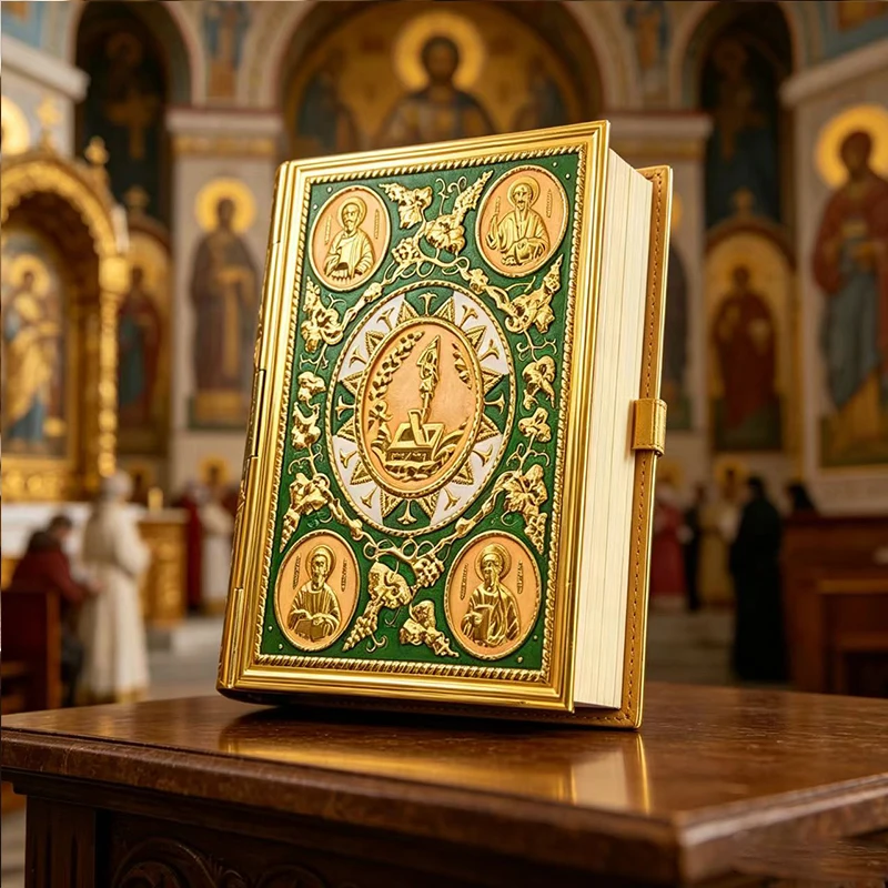 Фото Позолоченная эмалированная обложка для Евангелия с иконами апостолов, идеальный религиозный подарок для православного христианского алтаря или домашнего использования. №1