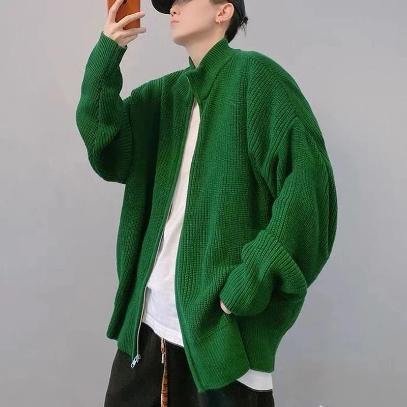 Korean Fashion Men Winter Zipper Knitted Sweater High Street Loose Green Trendy Stand-up Collar Oversize Cardigan Sweater Men