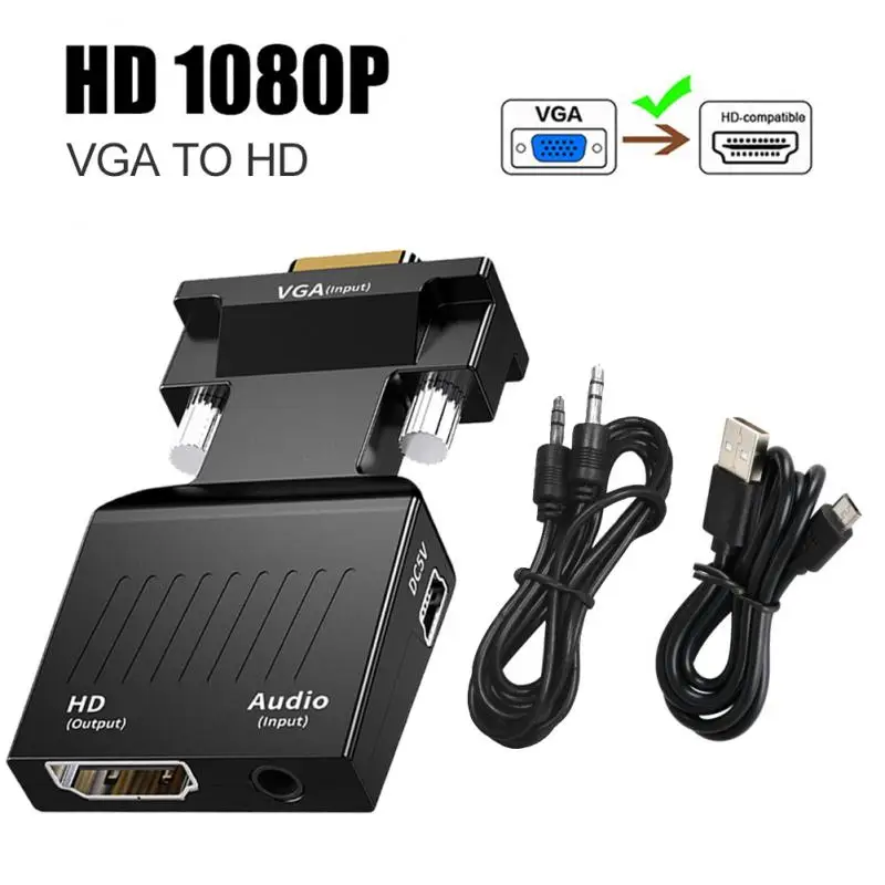 Переходник VGA «папа»-«мама» HDMI-совместимый с аудиокабелями 720P/1080P для ПК, ноутбука, проектора, монитора HDTV