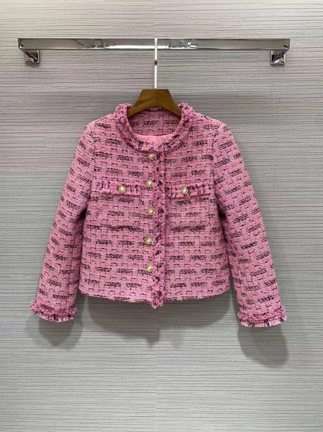 

2022 new women fashion high quality long sleeve round neck beard lace trim wool straight jacket 1021