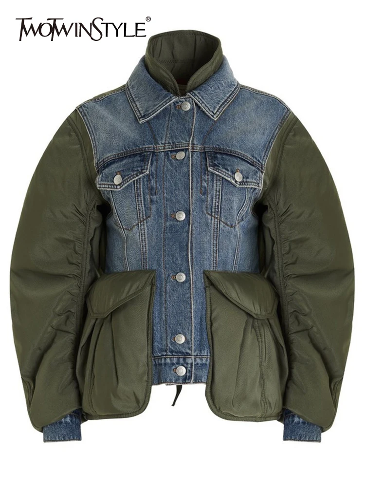 

TWOTWINSTYLE High Street Jacket For Women Lapel Long Sleeve Patchwork Colorblock Jackets Female Spring Fashion Clothes Style New