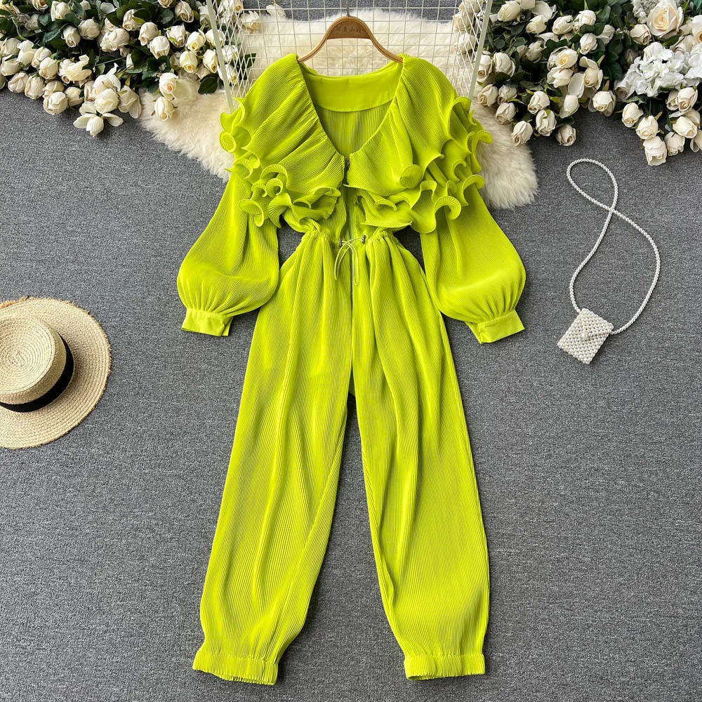 

VANOVICH 2022 European and American Style Three-dimensional Ruffled Off-shoulder Puff Sleeve High Waist Fashion Casual Jumpsuits