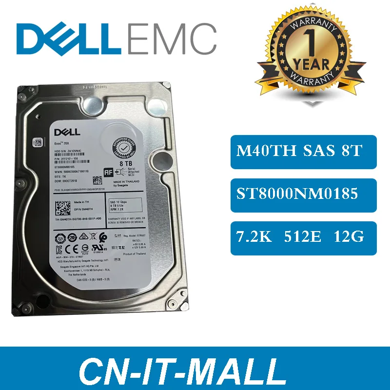 

DELL New Exos 7E8 0M40TH M40TH ST8000NM0185 8TB 7.2K SAS 12G 512e 3.5" Internal Enterprise Hard Drive Server HDD