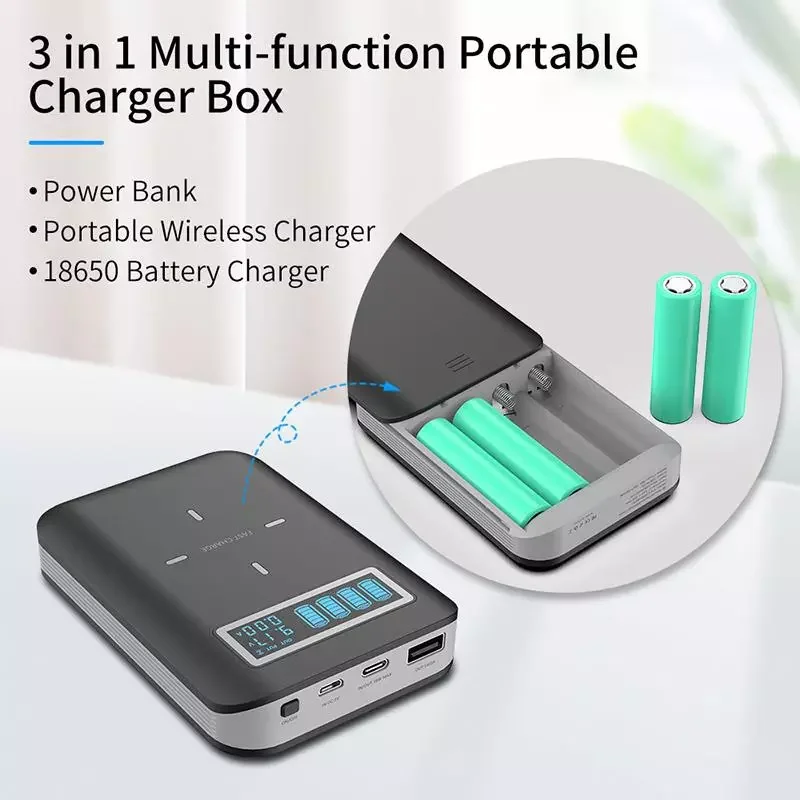 

3 in 1 10w Wireless Power Bank Quick Charge 18650 Case For Xiaomi Sansung External Battery Powerbank Box For iPhone 12 11 pro xs