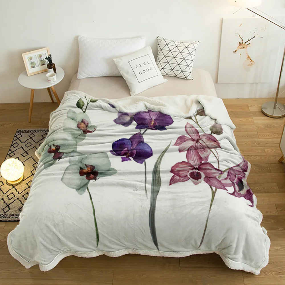 

Colorful Orchid Flower Plant Art Lamb Cashmere Fleece Blanket Home Bed Sofa Winter Sherpa Bedding Kids Thick Bedspread