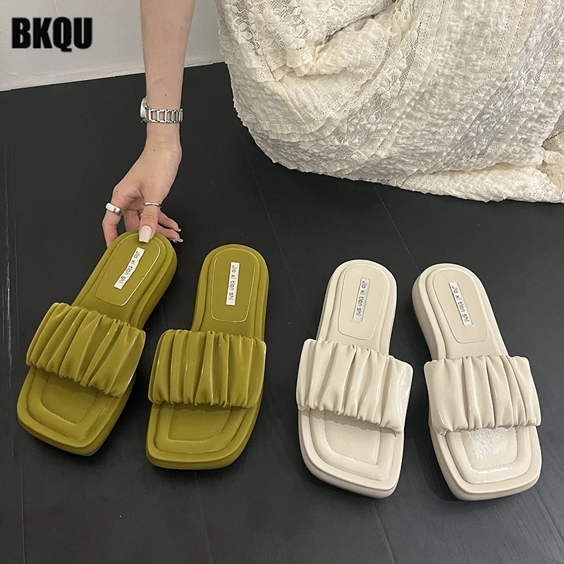 

Square Toe Women Slippers Pleated Casual 2022 New Summer Slides Ladies Outside House Flats Female Platform Shoes Solid Design