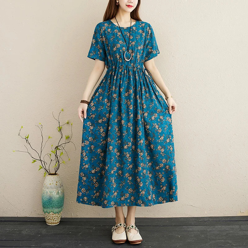 

2021 New Arrival Linen Cotton Loose Long Summer Dress Print Floral Draw String Slim Women Travel Casual Midi Dress Vintage Dress