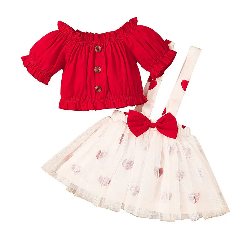 

Toddler Baby Girls Clothes Set Ruffle Single-breasted Top Heart Print Mesh Skirt Summer Infant Strap Skirt Clothes Suit