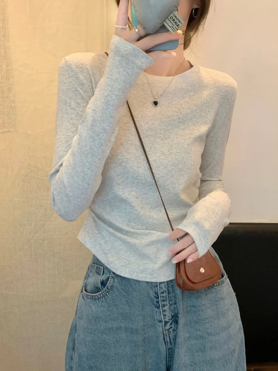 Design Sense Pleat Shoulder Bottoming Shirt round Neck Cotton Long sleeves Women's Spring Autumn and Winter Inner wear ...