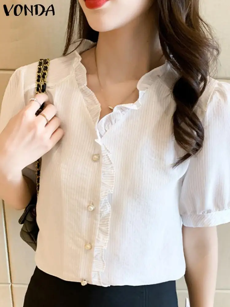 

VONDA Fashion Ruffled Shirts 2023 Summer Short Sleeve Women Tops Sexy V-Neck Buttons Casual Striped Elegant OL Office Blouses