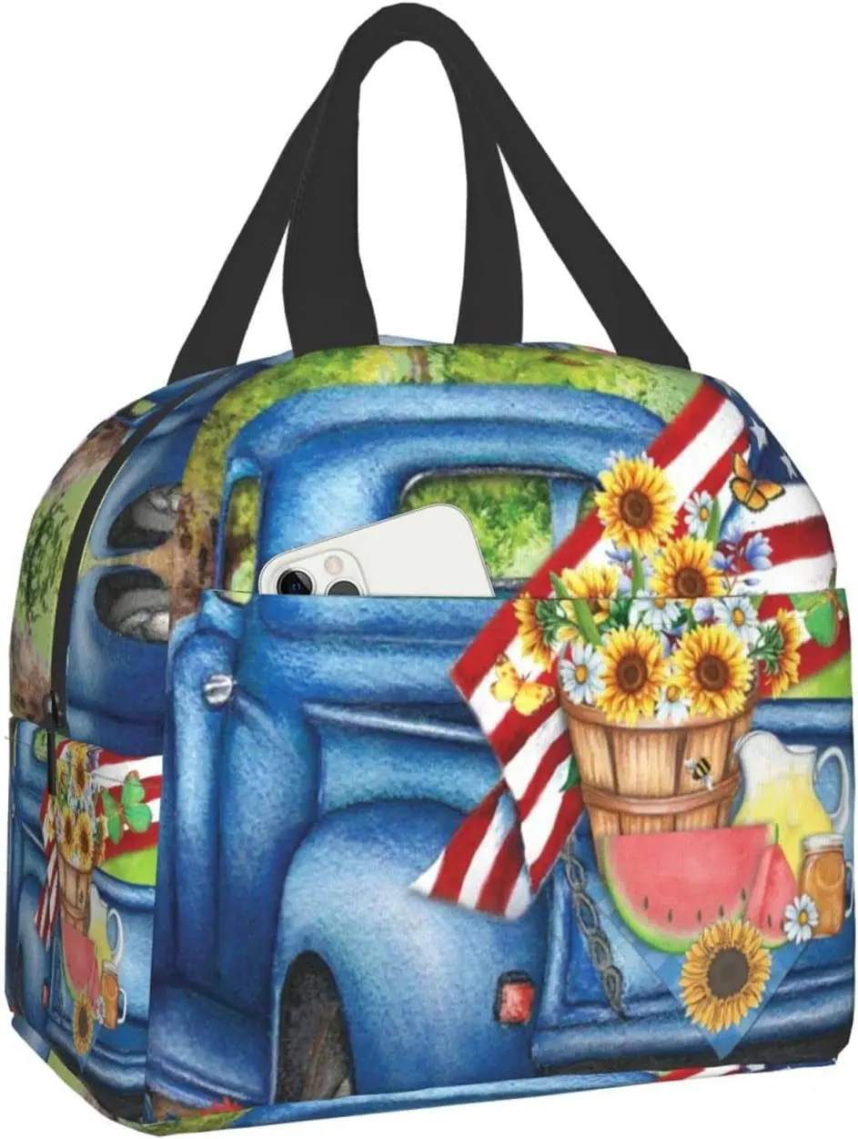 

Truck American Flag Flowers Portable Lunch Bag Lunch Box Large Capacity Dinner Bag Tote Bag For Work