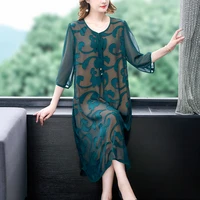 women black embroidery jacquard midi dress spring summer fashion casual vestidos 2022 korean vintage hepburn party evening robe